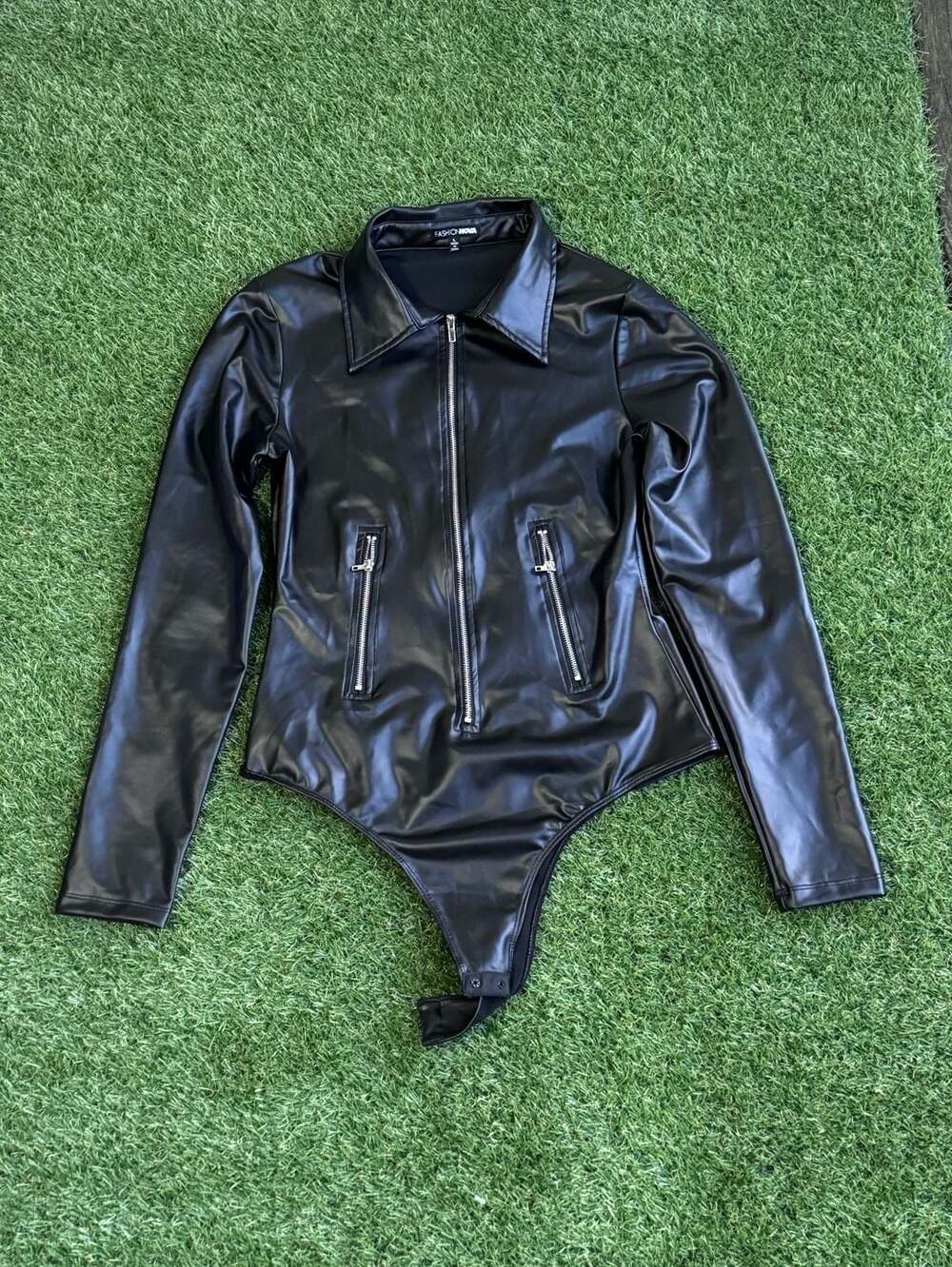 Fashion Nova Faux Leather Halter Zipper Moto Bodysuit